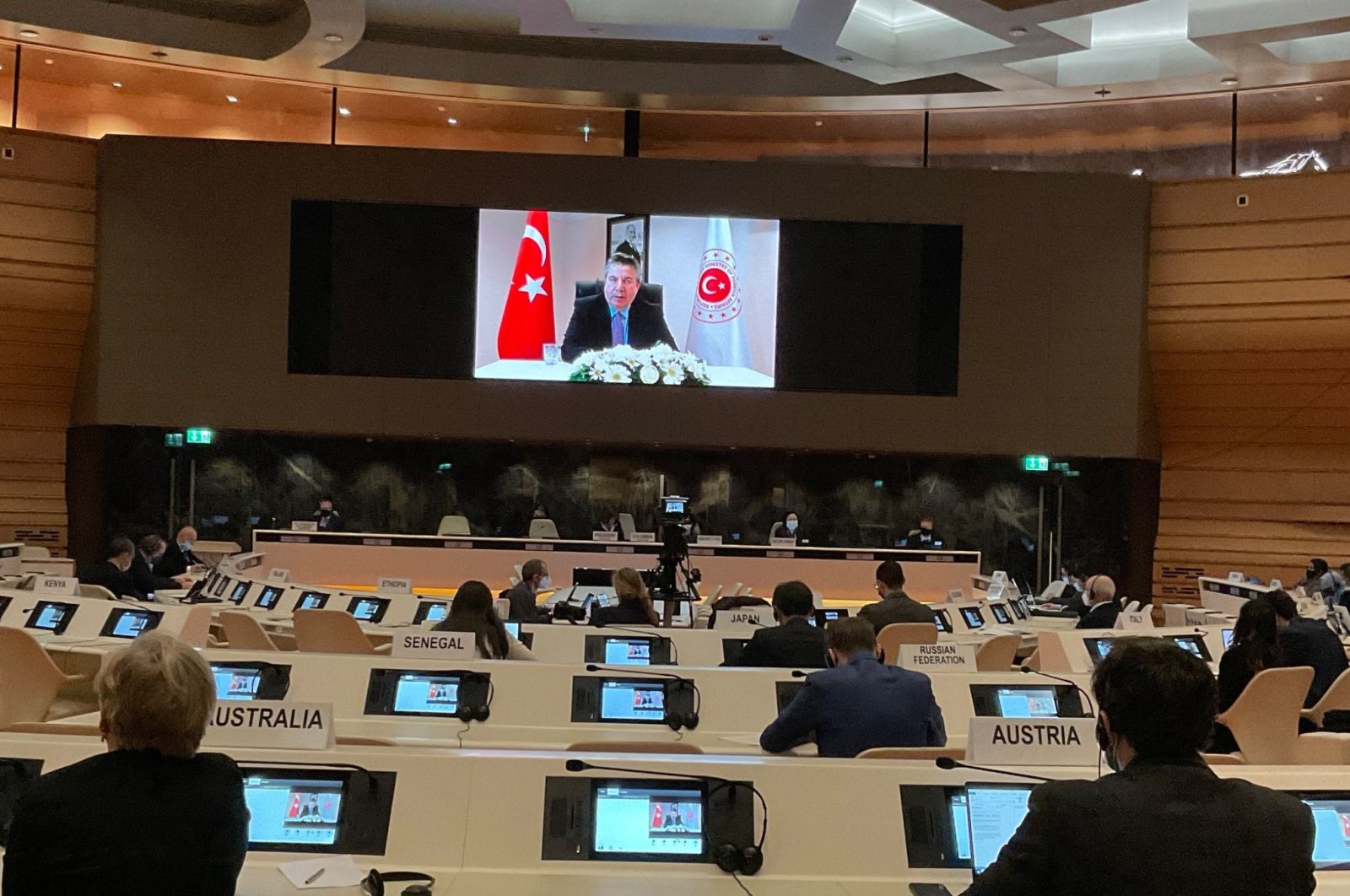 Deputy FM Sedat Önal addresses the Conference on Disarmament (CD) meeting via videoconference, Wednesday, March 2, 2022. (AA Photo)