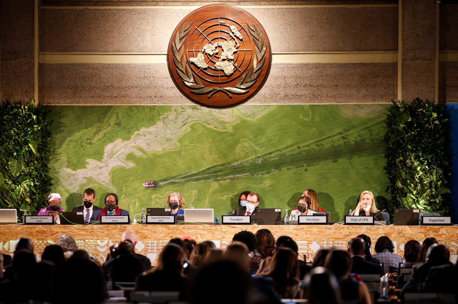 Delegates attend the fifth session of the United Nations Environment Assembly (UNEA-5), at the United Nations Environment Programme (UNEP) Headquarters in Gigiri, Nairobi, Kenya, Feb. 28, 2022. (Reuters Photo)