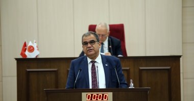 Turkish Cypriot Prime Minister Faiz Sucuoğlu speaks at the parliament in Lefkoşa (Nicosia), TRNC, March 3, 2022. (AA Photo)