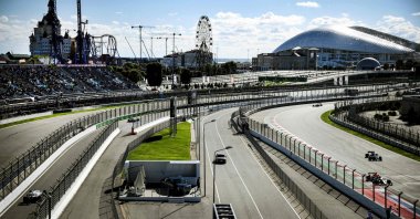 Drivers steer their cars during a practice session for the F1 Russian GP, Sochi, Russia, Sept. 24, 2021. (AFP Photo)