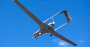 A Turkish-made Bayraktar TB2 drone flies at a military airbase in the Turkish Republic of Northern Cyprus (TRNC), Dec.16, 2019. (AFP Photo)