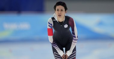 Taiwan's Huang Yu-ting reacts during speedskating women's 500-meter event at the 2022 Winter Olympics, Beijing, China, Feb. 13, 2022. (AP Photo)