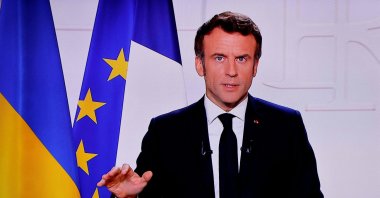 French President Emmanuel Macron speaking from the Elysee Palace during a televised address, Paris, France, March 2, 2022. (AFP Photo)