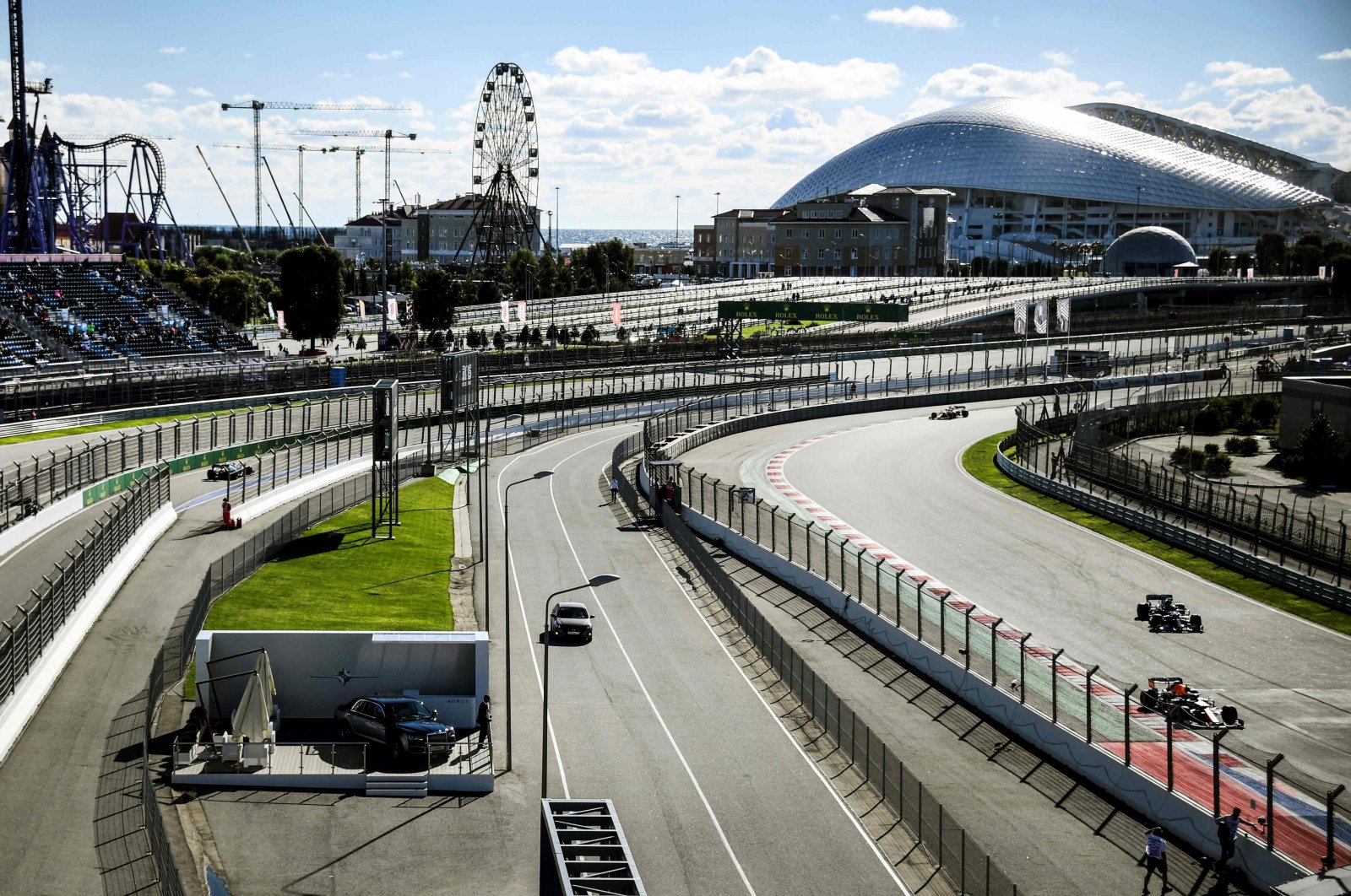 Drivers steer their cars during a practice session for the F1 Russian GP, Sochi, Russia, Sept. 24, 2021. (AFP Photo)