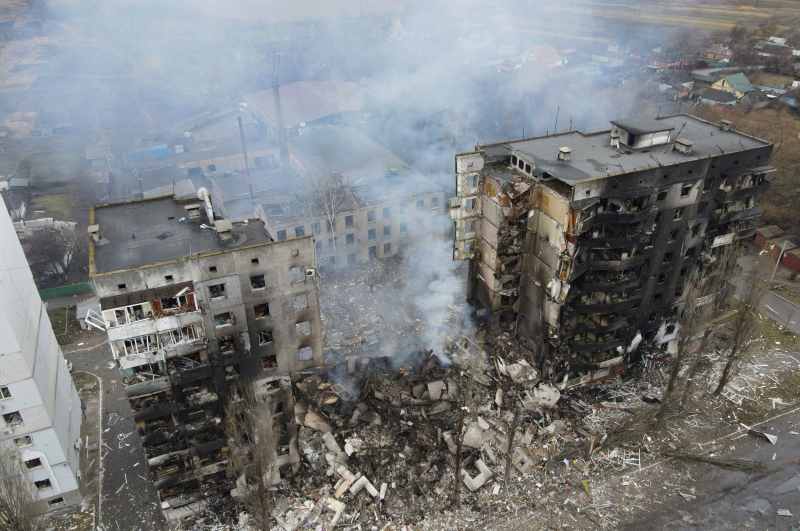 An aerial view shows a residential building destroyed by shelling, as Russia&#039;s invasion of Ukraine continues, in the settlement of Borodyanka in the Kyiv region, Ukraine March 3, 2022. (Reuters Photo) 