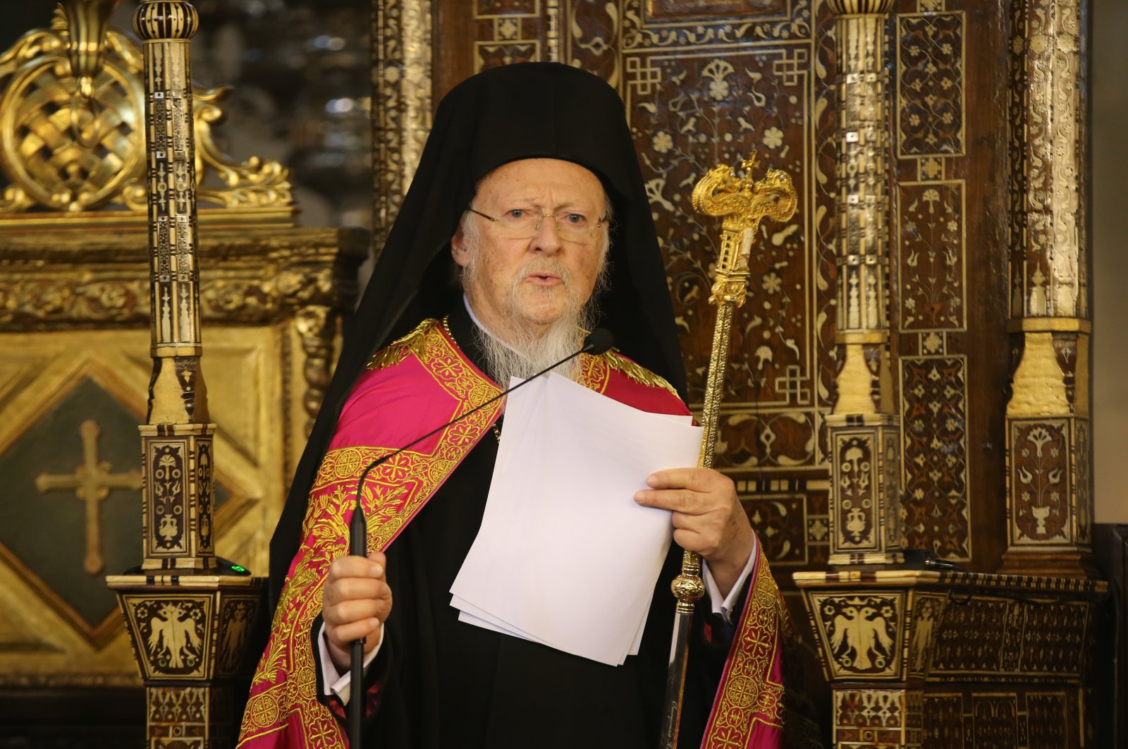 Ecumenical Patriarch Bartholemew speaks about peace in Ukraine after mass in Istanbul, Feb. 13, 2022. (AA Photo)