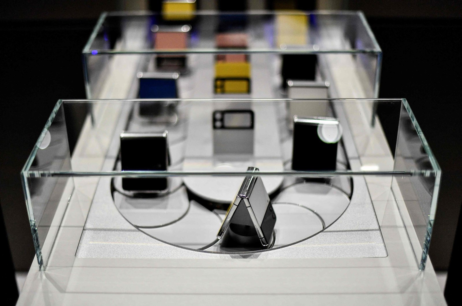 Samsung Galaxy Z Flip 3 smartphones on the opening day of the Mobile World Congress in Barcelona, Spain, Feb. 28, 2022. (AFP Photo)