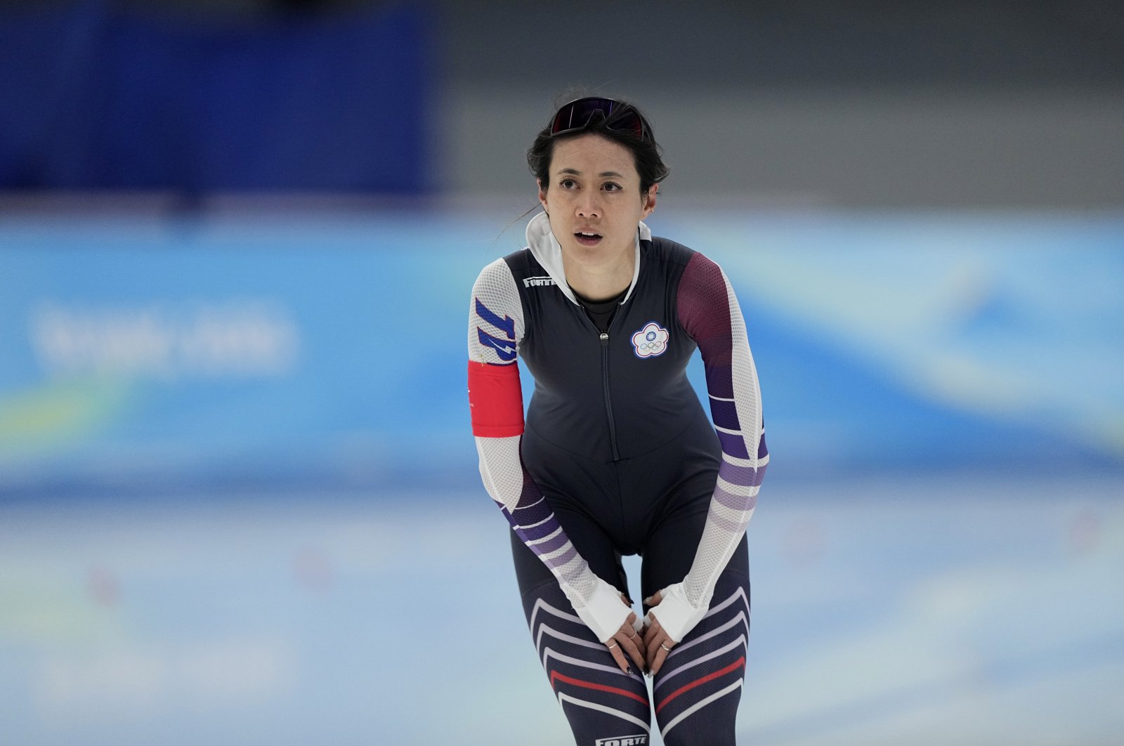 Taiwan's Huang Yu-ting reacts during speedskating women's 500-meter event at the 2022 Winter Olympics, Beijing, China, Feb. 13, 2022. (AP Photo)