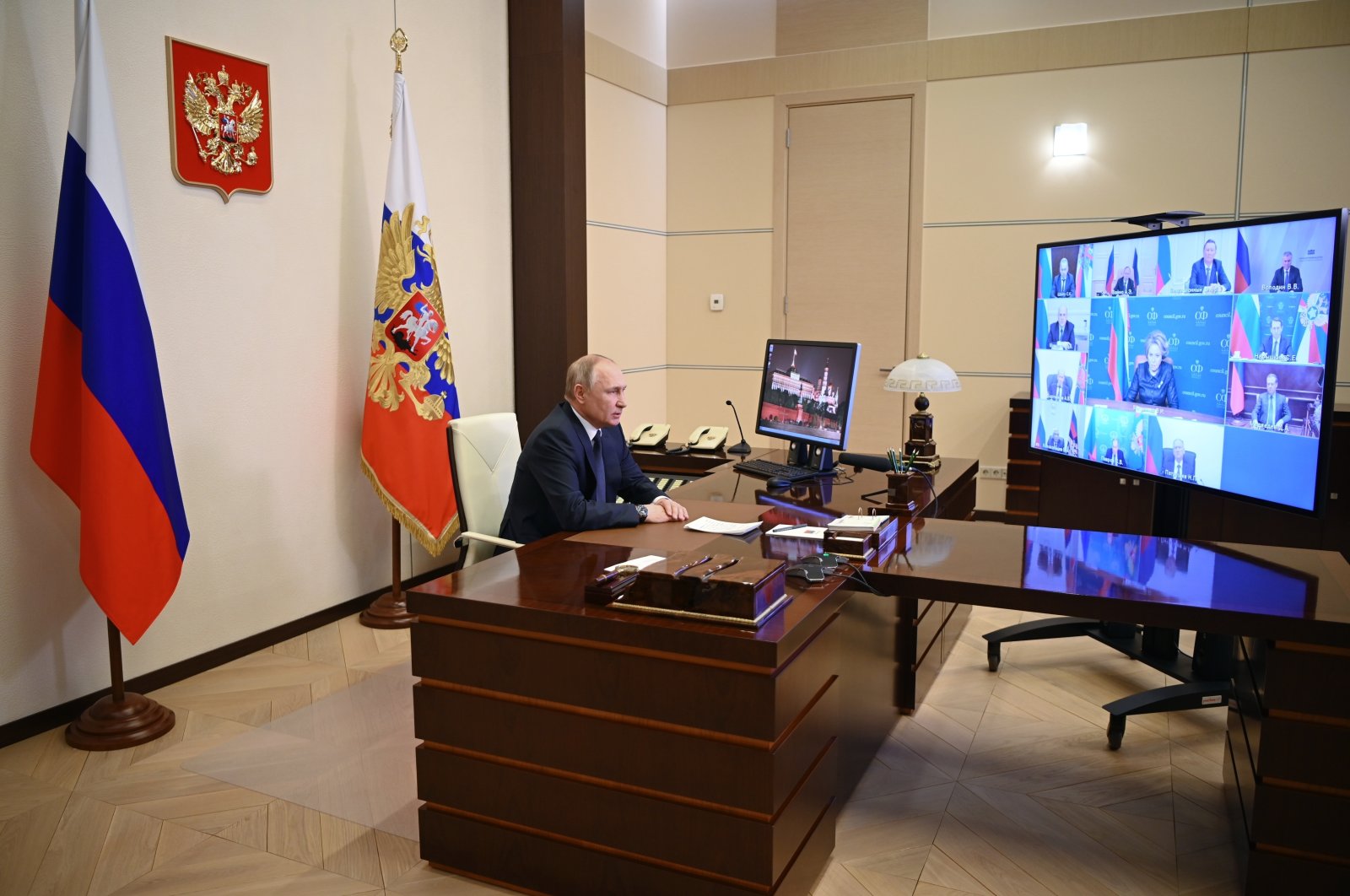 Russian President Vladimir Putin chairs a Security Council meeting via videoconference at the Novo-Ogaryovo residence outside Moscow, Russia, March 3, 2022. (Andrei Gorshkov, Sputnik, Kremlin Pool Photo via AP)