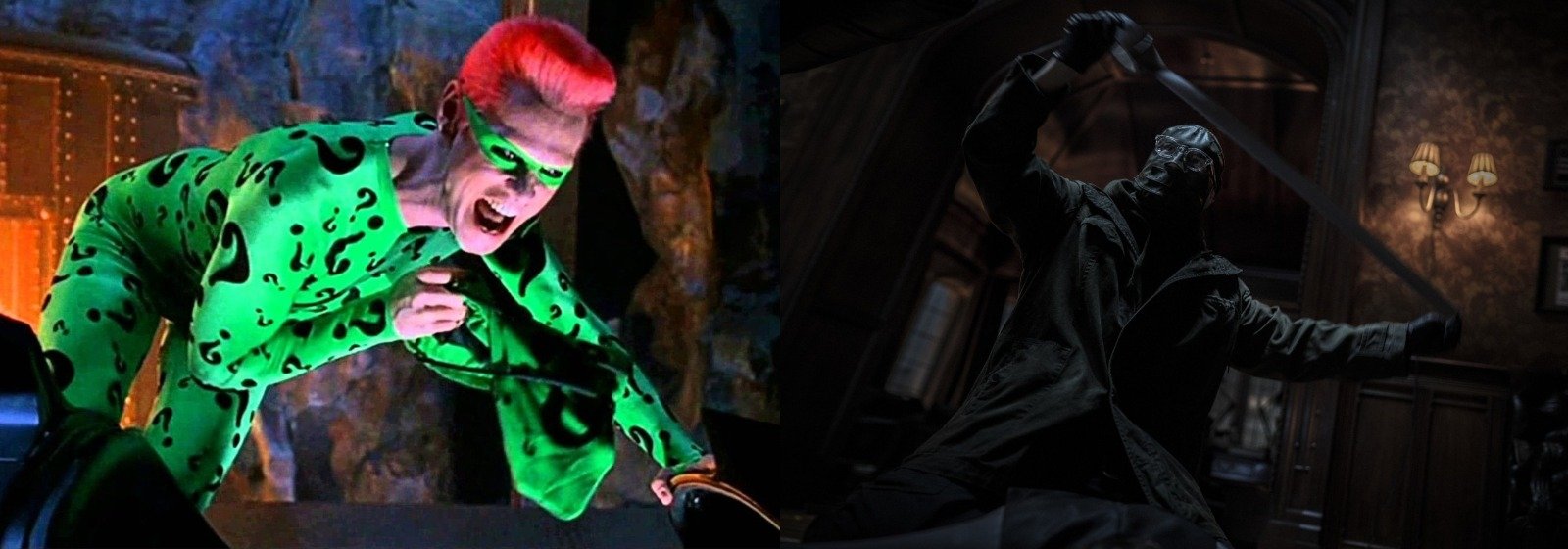 Kombinasi foto menunjukkan Jim Carrey (kiri) dan Paul Dano sebagai penjahat super Riddler. 