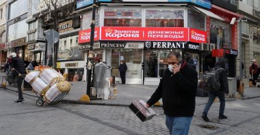 Signs in Russian are seen on the shops in the Laleli neighborhood of Istanbul's Fatih district, Turkey, March 4, 2022. (Reuters Photo)