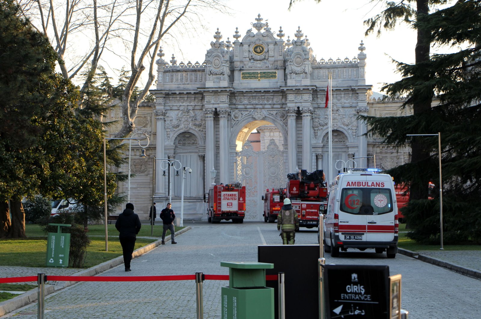 Fire trucks and ambulances are seen outside the Dolmabahçe Palace, Istanbul, Turkey, Mar. 4, 2022. (DHA Photo)