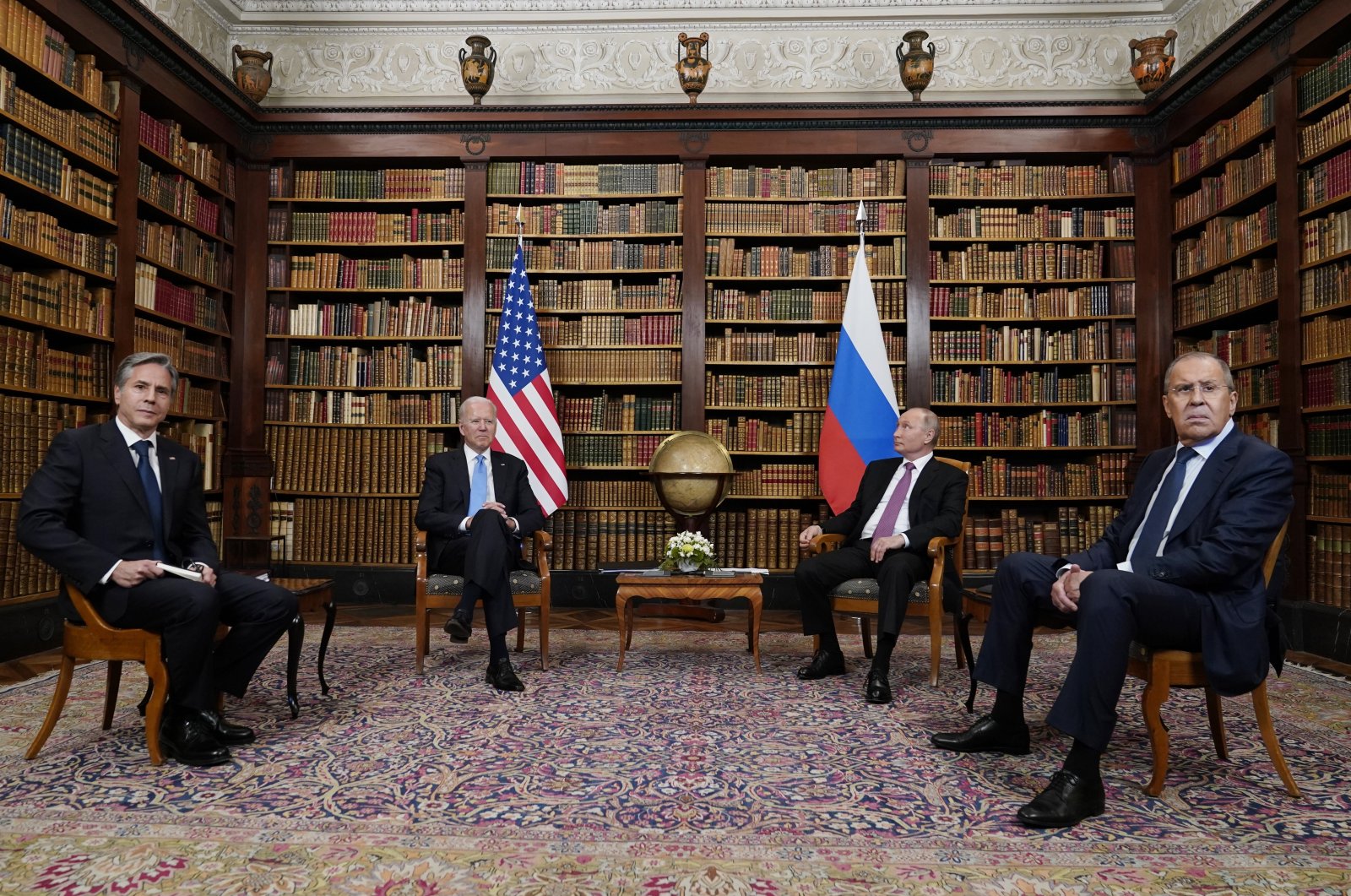 U.S. President Joe Biden and Secretary of State Antony Blinken (L) meet with Russian President Vladimir Putin and Foreign Minister Sergey Lavrov, at the "Villa la Grange," in Geneva, Switzerland, June 16, 2021. (AP Photo)