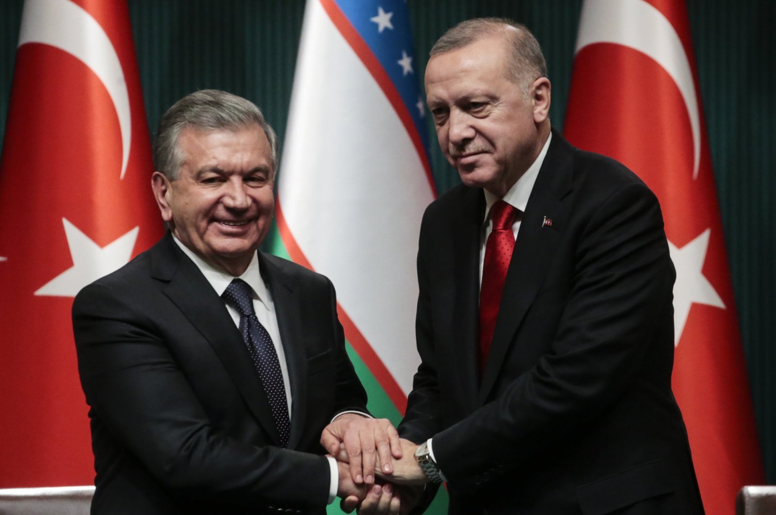 Turkish President Recep Tayyip Erdoğan (R) and President of Uzbekistan Shavkat Mirziyoyev in a press conference, Ankara, Turkey, Feb. 19, 2020. (AA Photo)
