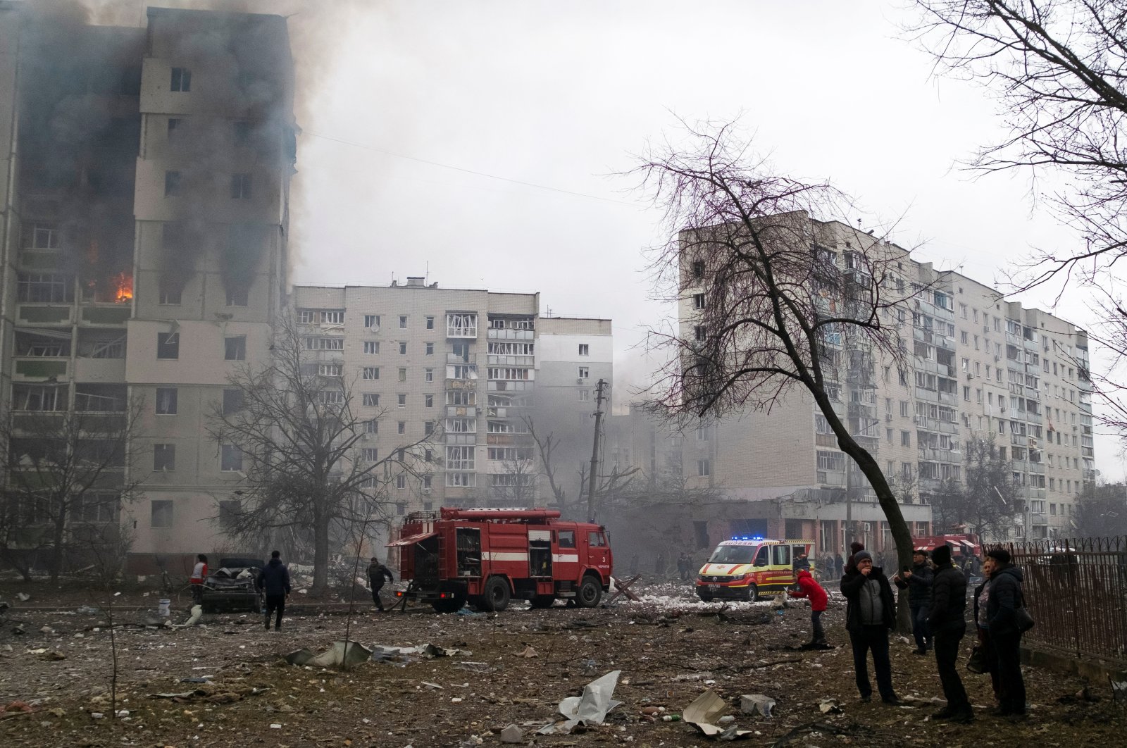 Flames and smoke billow from a residential building damaged by recent shelling, as Russia&#039;s invasion of Ukraine continues in Chernihiv, Ukraine, March 3, 2022. (Reuters Photo)