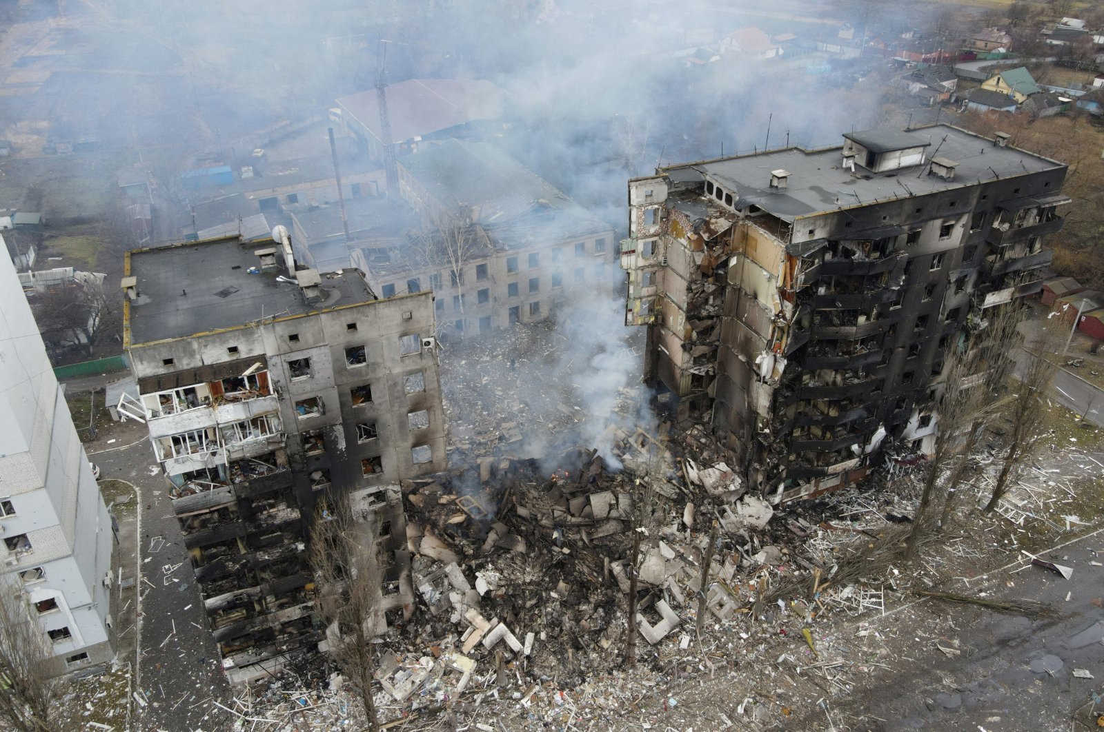 An aerial view shows a residential building destroyed by shelling, as Russia's invasion of Ukraine continues, in the settlement of Borodyanka in the Kyiv region, Ukraine, March 3, 2022. (Reuters Photo)
