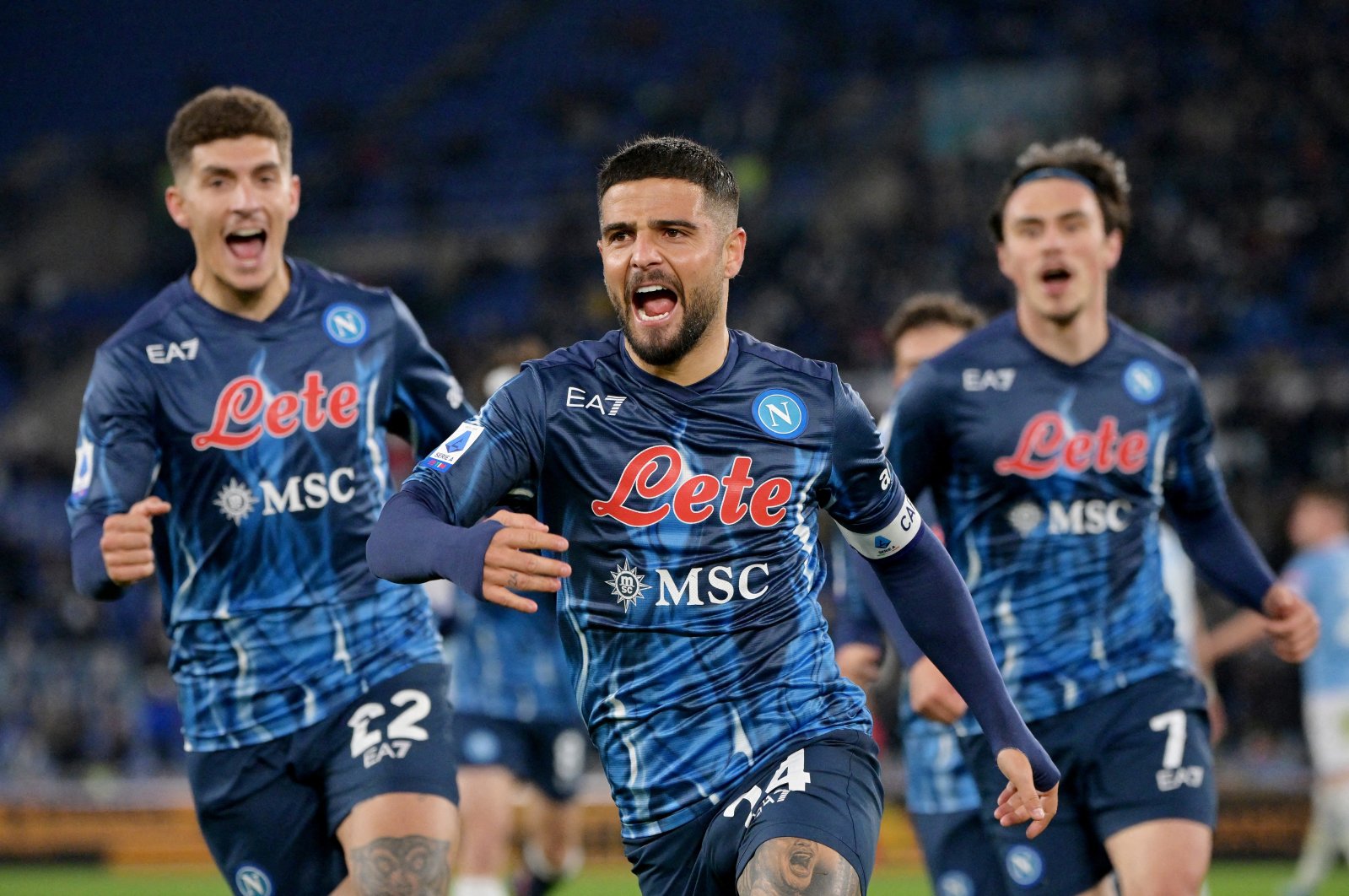 Napoli's Lorenzo Insigne (C) celebrates with teammates after scoring in a Serie A match against Lazio, Rome, Italy, Feb. 27, 2022. (Reuters Photo)