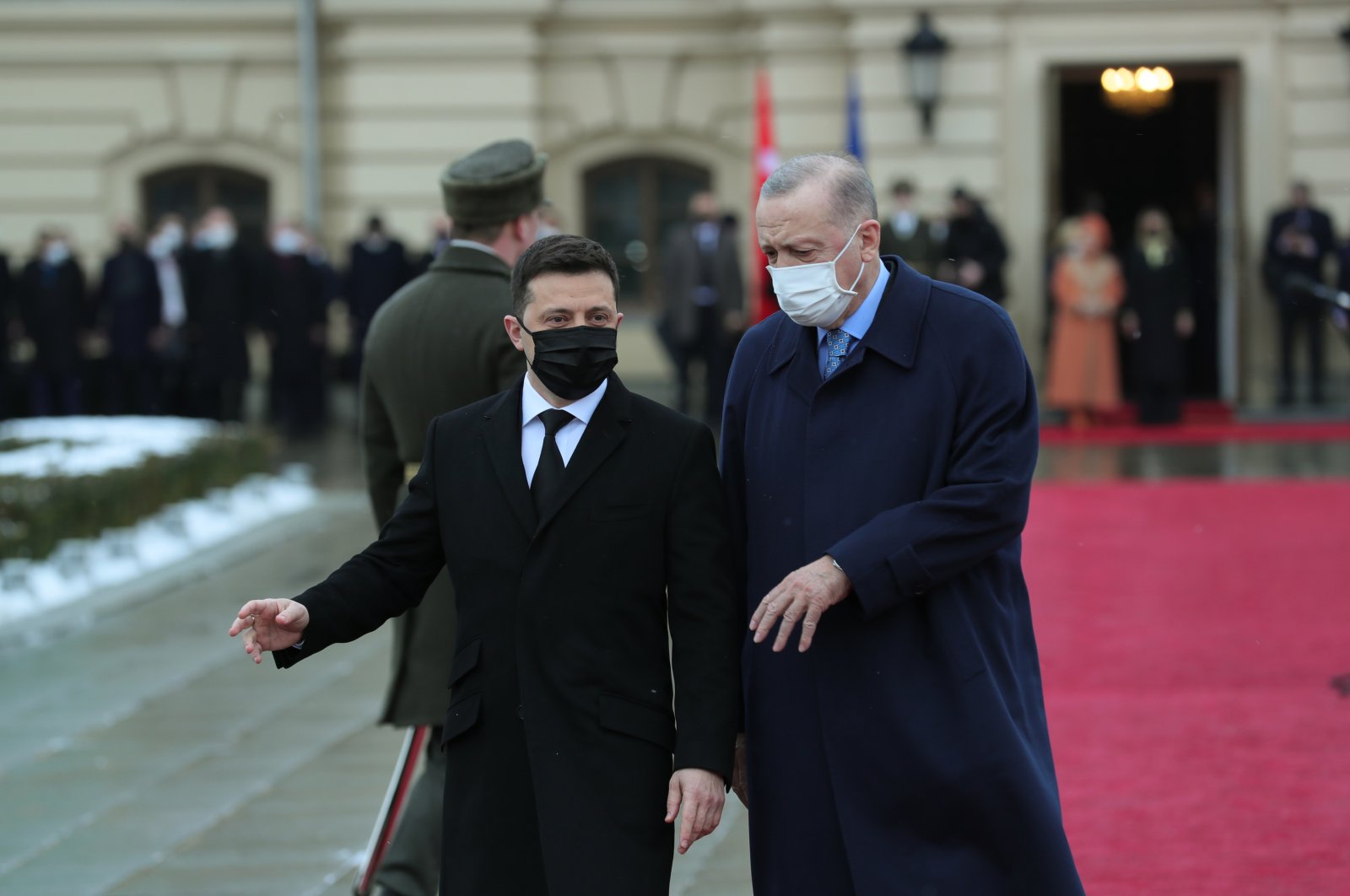Ukrainian President Volodymyr Zelenskyy walks together with President Recep Tayyip Erdoğan in the Marinskiy Palace, Feb. 3, 2022. (AA Photo)