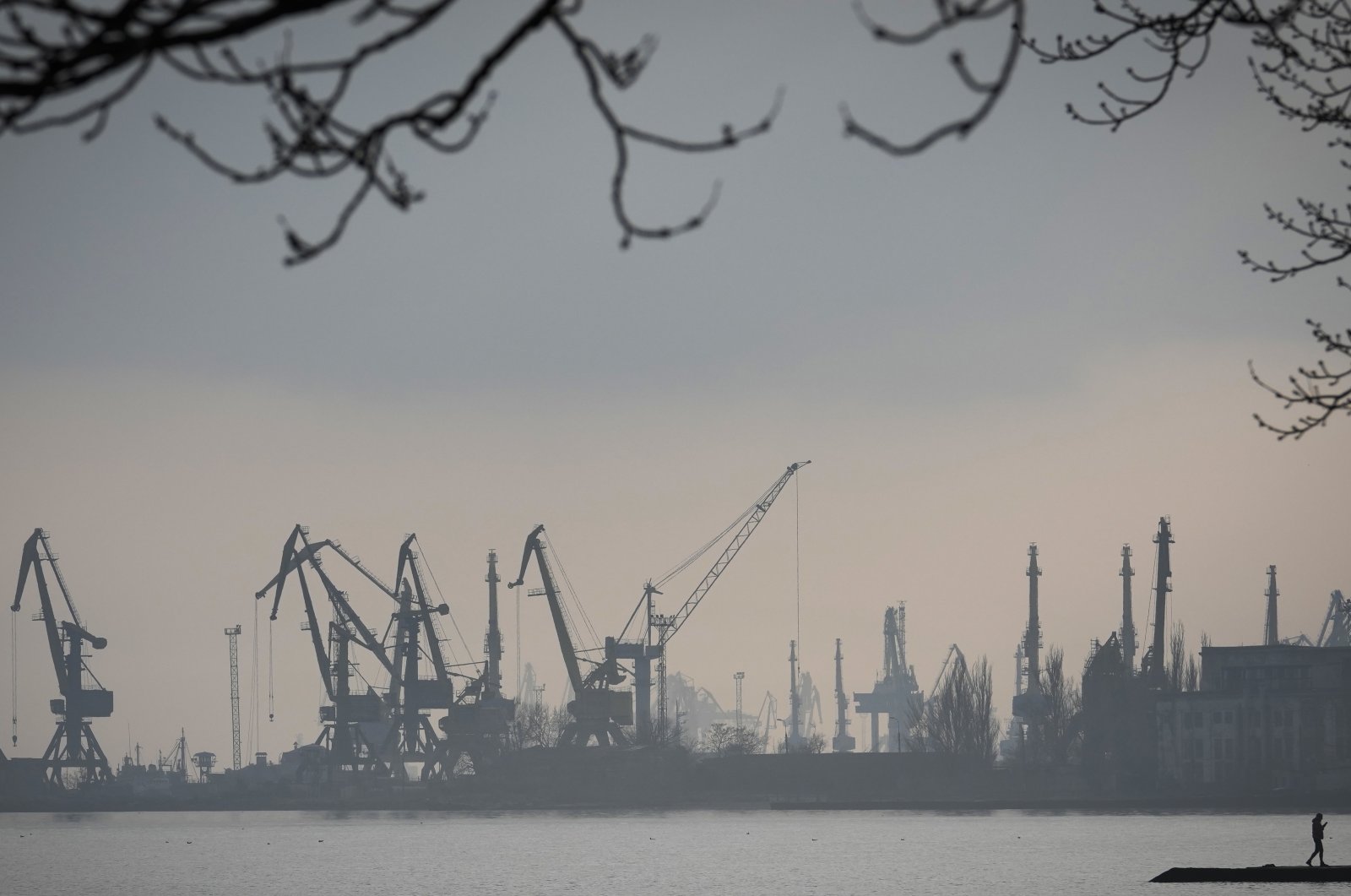 Harbor cranes are seen at the trade port in Mariupol, Ukraine, Feb. 23, 2022. (AP Photo)
