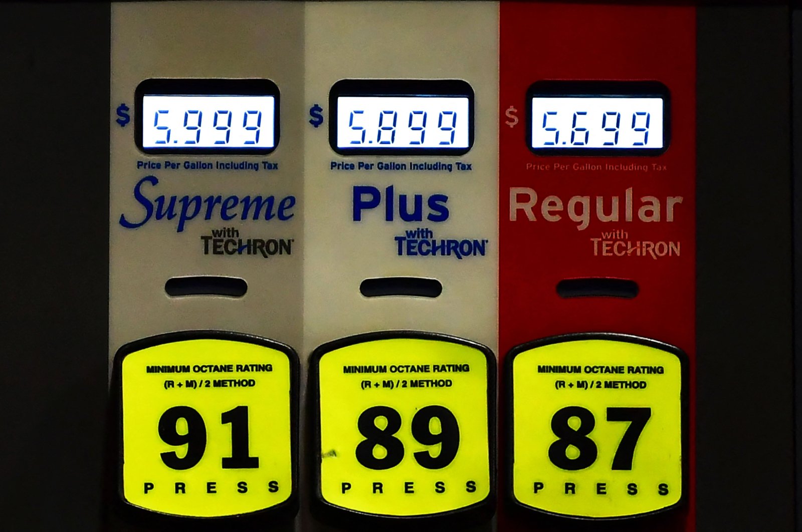 Prices for gas and diesel fuel, over $5 a gallon, are displayed at the pump of a petrol station in Monterey Park, California, U.S., March 4, 2022. (AFP Photo)