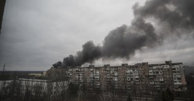 Smoke rises after shelling by Russian forces in Mariupol, Ukraine, March 4, 2022.(AP Photo)