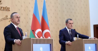 Foreign Minister Mevlüt Çavuşoğlu (L) and his Azerbaijani counterpart Jeyhun Bayramov speak during a joint press conference in Baku, Azerbaijan, March 5, 2022. (AA Photo)