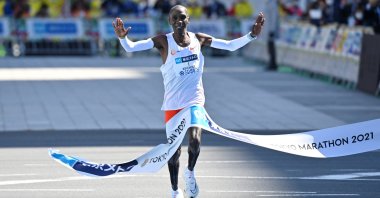 Kenyan Eliud Kipchoge crosses the finish line to win the men's category in the Tokyo Marathon in Tokyo, Japan March 6, 2022. Kazuhiro Nogi/Pool via REUTERS