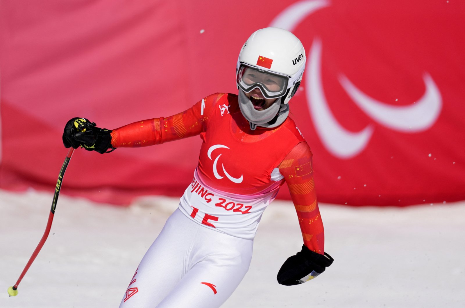 China&#039;s Zhang Mengqiu reacts after her run in the Beijing 2022 Winter Paralympics para-alpine skiing event, Yanqing, China, March 6, 2022. (Reuters Photo)