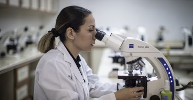 Gülçin Alp Avcı, associate professor at the University of Health Sciences (SBÜ), looks through a microscope, at SBÜ, Istanbul, Turkey, March 7, 2022. (AA Photo)