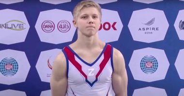 In this screengrab from social media, Ivan Kuliak is seen sporting the letter &quot;Z&quot; on the front of his outfit, Doha, Qatar, March 6, 2022. (Youtube screengrab)