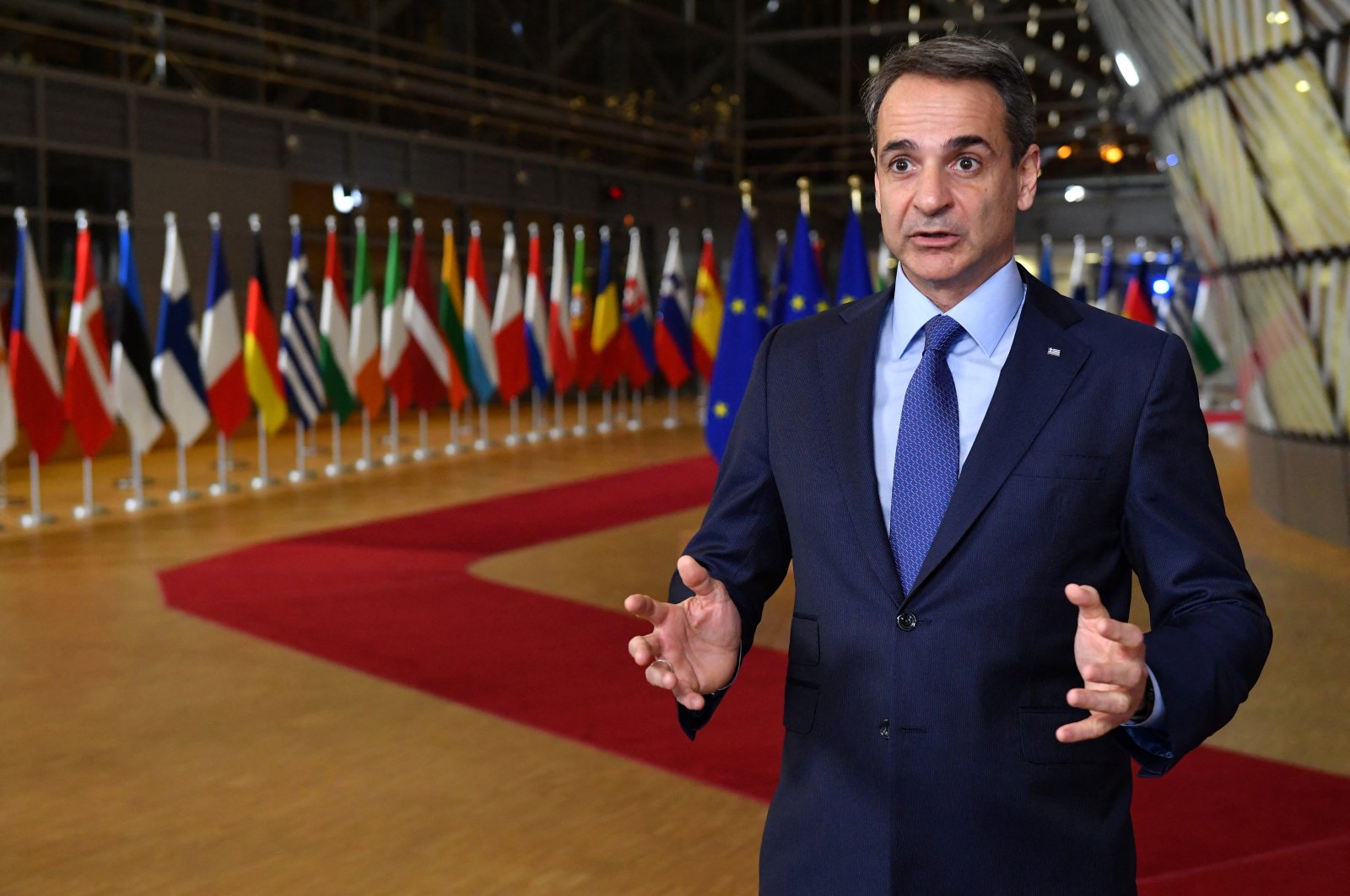 Greece&#039;s Prime Minister Kyriakos Mitsotakis speaks to the press in Brussels, Belgium, Feb. 24, 2022. (Reuters Photo)