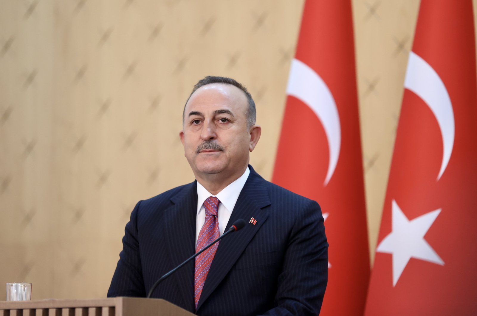Foreign Minister Mevlüt Çavuşoğlu speaks at a joint news conference with his Azerbaijani counterpart in Baku, Azerbaijan, March 5, 2022. (AA File Photo)