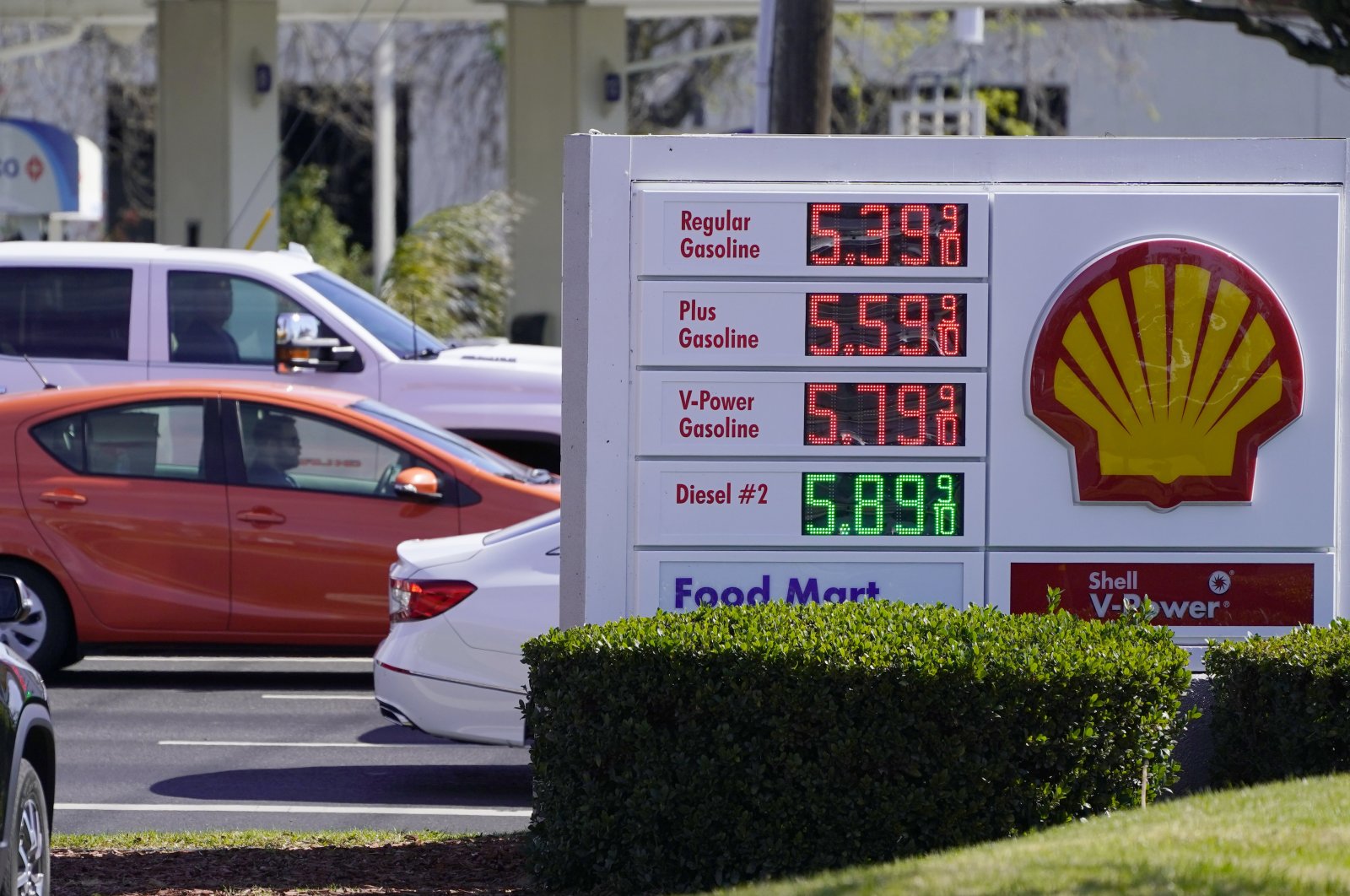 Gas prices, all over the $5 per gallon mark, are displayed at a gas station in Rancho Cordova, Calif., Monday, March 7, 2022. (AP Photo)