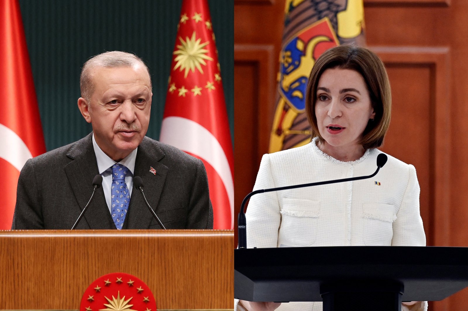 This photo combination shows President Recep Tayyip Erdoğan (L) speaking following a cabinet meeting in Ankara, Turkey on Feb. 28, 2022, and his Moldovan counterpart Maia Sandu speaking during a news conference with U.S. Secretary of State Antony Blinken (not pictured) at the Presidential Palace in Chisinau, Moldova, March 6, 2022. (Photos by Reuters)