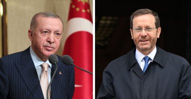 This photo combination shows President Recep Tayyip Erdoğan (L) speaking during an event in Ankara, Turkey on March 8, 2022, and his Israeli counterpart Isaac Herzog posing while meeting with the Greek Cypriot leader Nicos Anastasiades (not pictured) in Lefkoşa (Nicosia), Cyprus, March 2, 2022. (Photos by AA and EPA)
