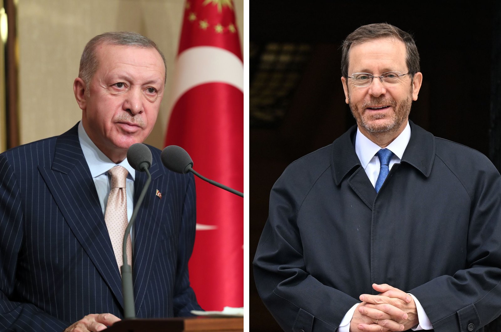 This photo combination shows President Recep Tayyip Erdoğan (L) speaking during an event in Ankara, Turkey on March 8, 2022, and his Israeli counterpart Isaac Herzog posing while meeting with the Greek Cypriot leader Nicos Anastasiades (not pictured) in Lefkoşa (Nicosia), Cyprus, March 2, 2022. (Photos by AA and EPA)