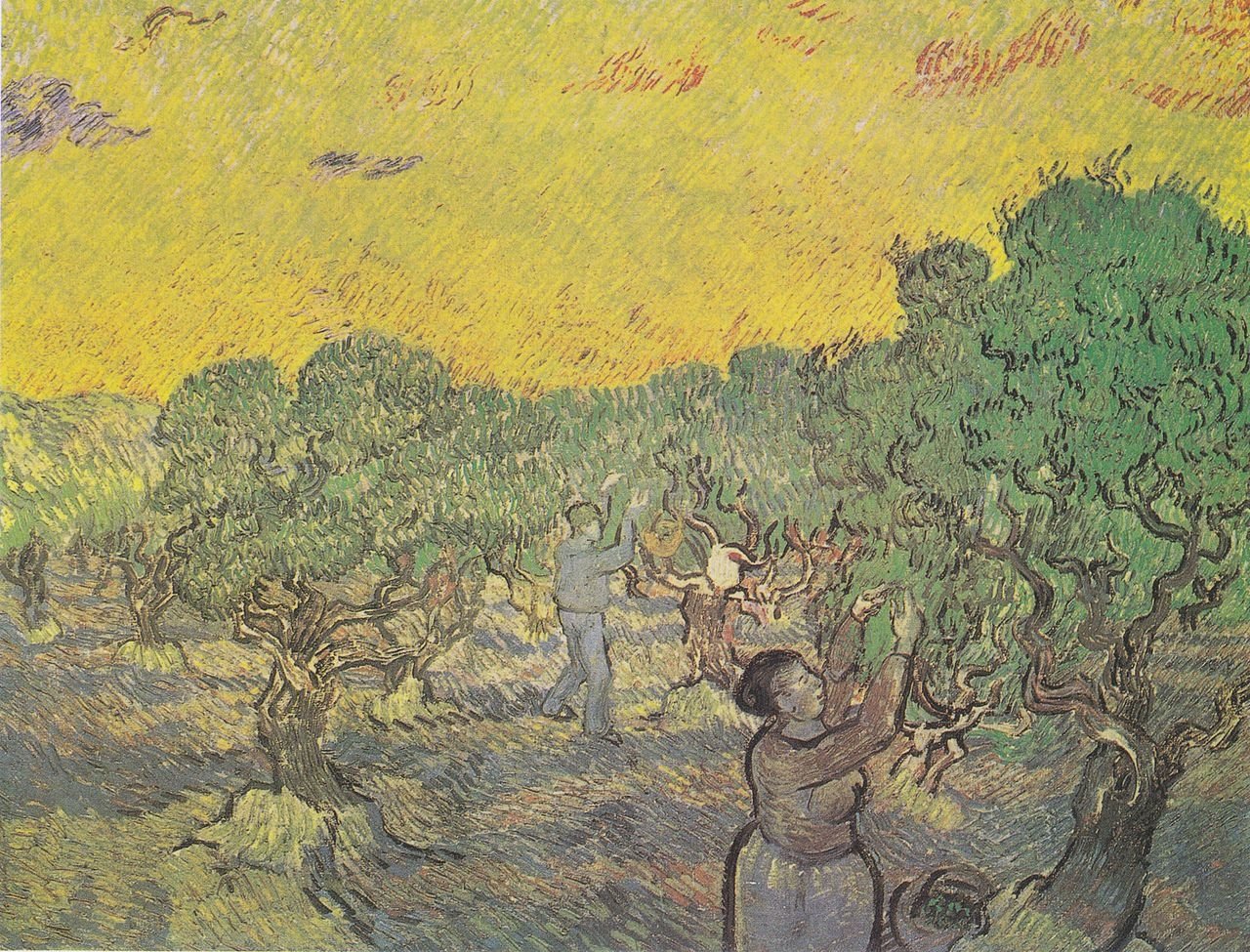 Vincent Van Gogh, "Olive Orchard with a Man and a Woman Picking Fruit." (Wikimedia)