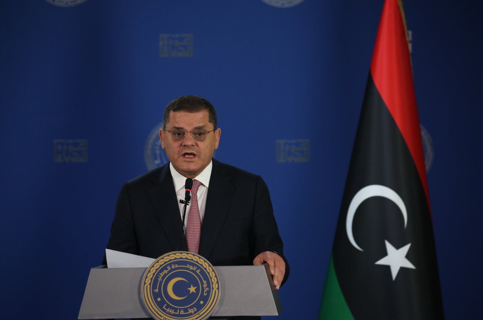 Interim Prime Minister Abdul Hamid Dbeibah speaks at a news conference in Tripoli, Libya, Feb. 14, 2022. (AA Photo)