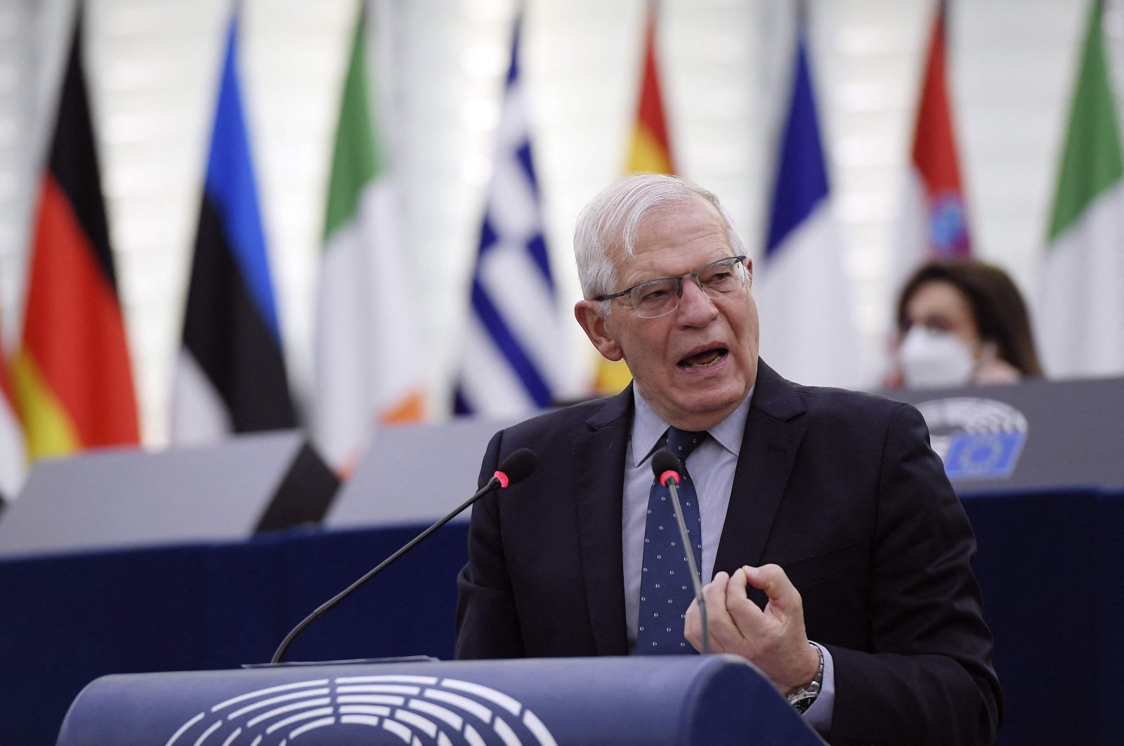 European Union Foreign Policy chief Josep Borrell speaks during a debate on foreign interference in all democratic processes in the EU, including disinformation, during a plenary session at the European Parliament in Strasbourg, France, March 8, 2022. (AFP Photo)