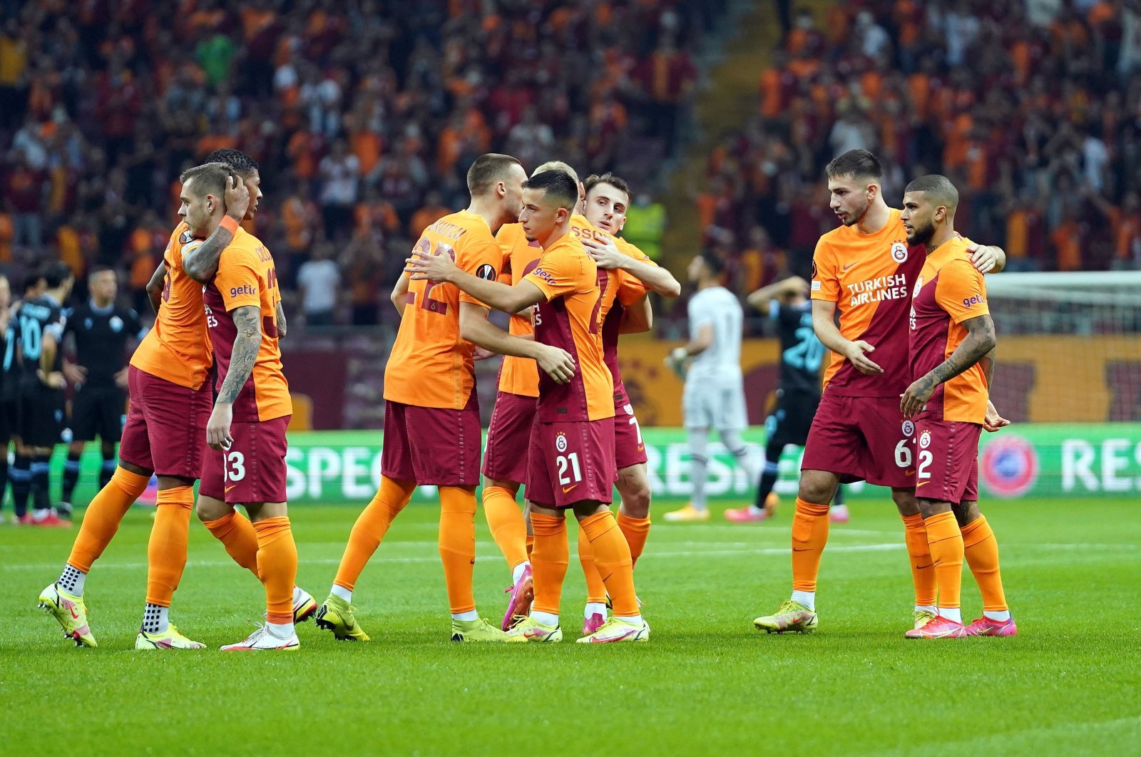Galatasaray players react after a Europa League match against Lazio, Istanbul, Turkey, Sept. 16, 2021. (IHA Photo)