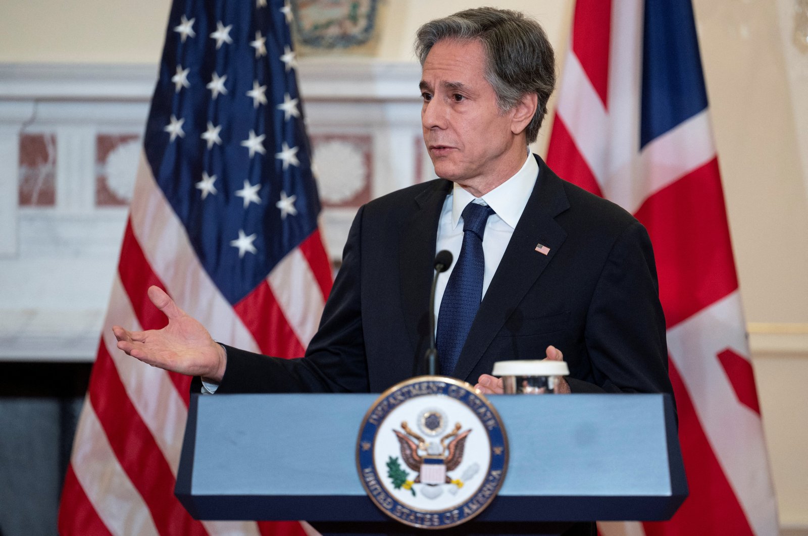 U.S. Secretary of State Antony Blinken holds a joint press conference with British Foreign Secretary Elizabeth Truss (not pictured) in the Benjamin Franklin Room of the State Department in Washington, D.C., U.S., March 9, 2022. (Reuters Photo)