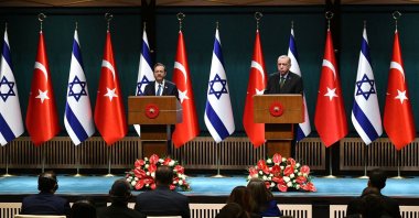 President Recep Tayyip Erdoğan and Israeli President Isaac Herzog give a joint press conference in the capital Ankara, Turkey, March 9, 2022. (AFP Photo)