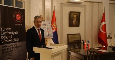 Turkish Ambassador in Belgrade Hami Aksoy gives a speech during the commemoration ceremony in Belgrade, Serbia, March 9, 2022. (AA Photo)