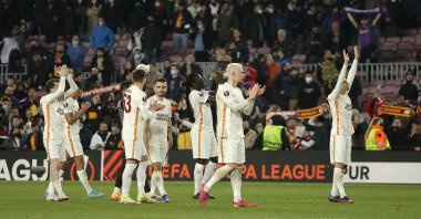 Galatasaray players are seen after the Europa League match against Barcelona at the Nou Camp on Mar. 10, 2022 (AA Photo)
