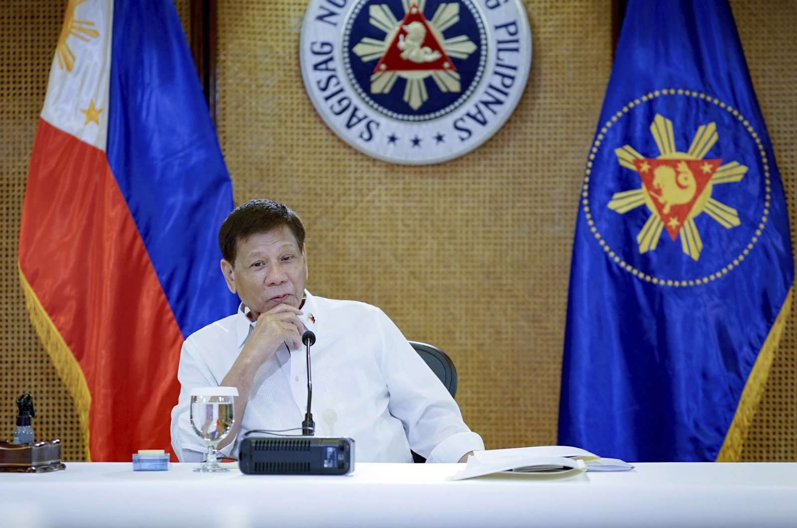 Philippine President Rodrigo Duterte listens during his meeting with Cabinet officials at the Malacanang presidential palace in Manila, the Philippines, March 7, 2022. (AP Photo)