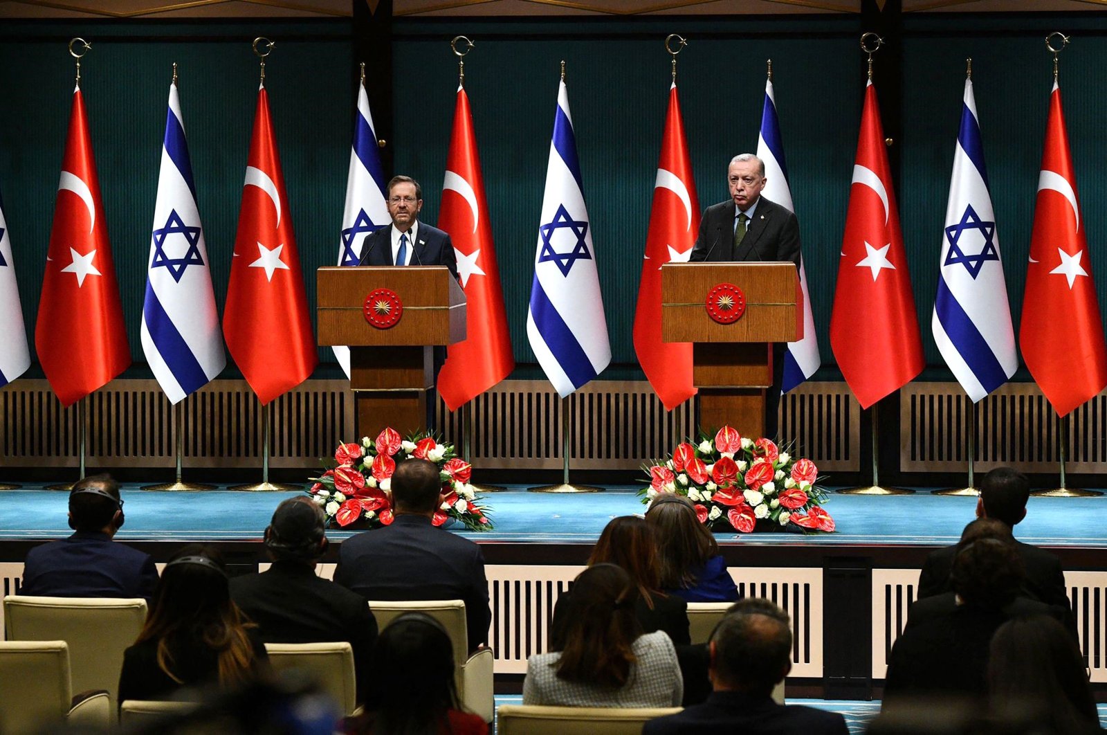 President Recep Tayyip Erdoğan and Israeli President Isaac Herzog give a joint press conference in the capital Ankara, Turkey, March 9, 2022. (AFP Photo)