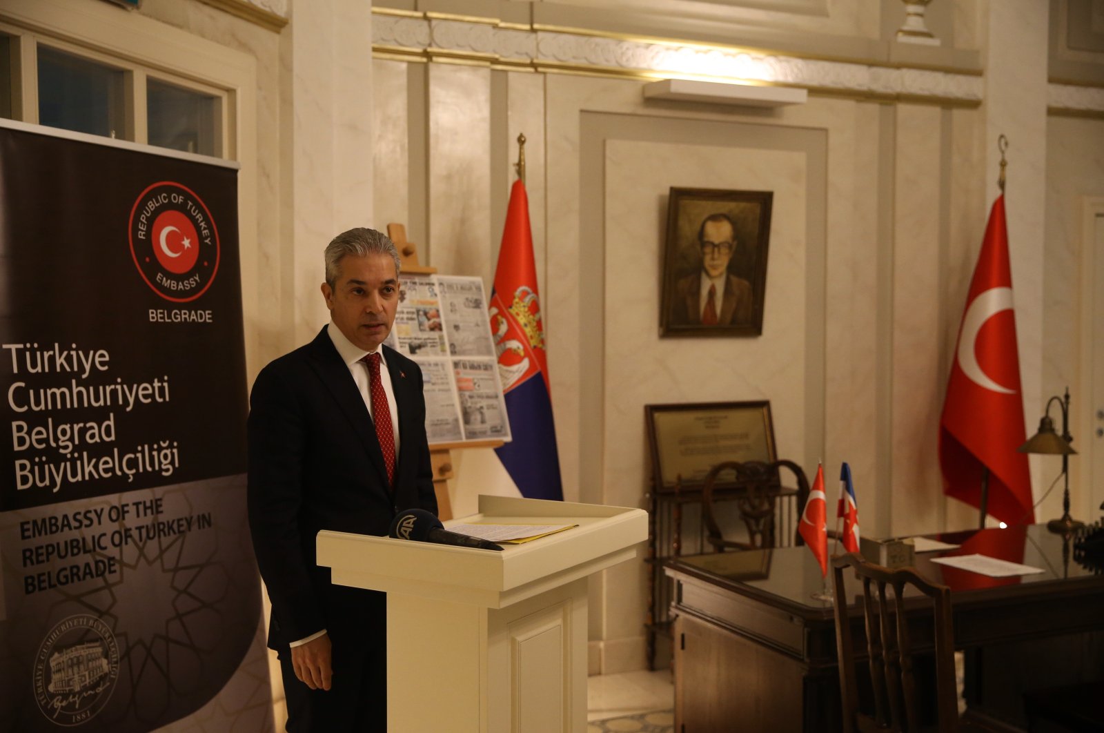 Turkish Ambassador in Belgrade Hami Aksoy gives a speech during the commemoration ceremony in Belgrade, Serbia, March 9, 2022. (AA Photo)
