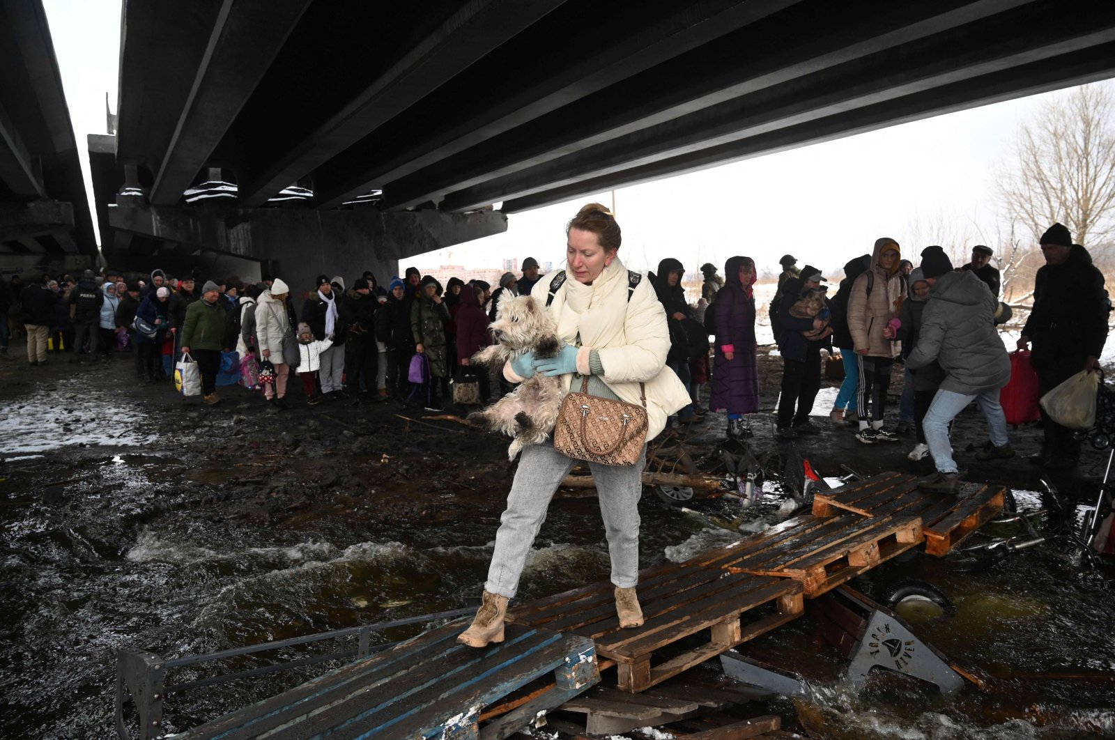 A woman carries her dog during the evacuation by civilians of the city of Irpin, northwest of Kyiv, Ukraine, March 8, 2022. (AFP Photo)