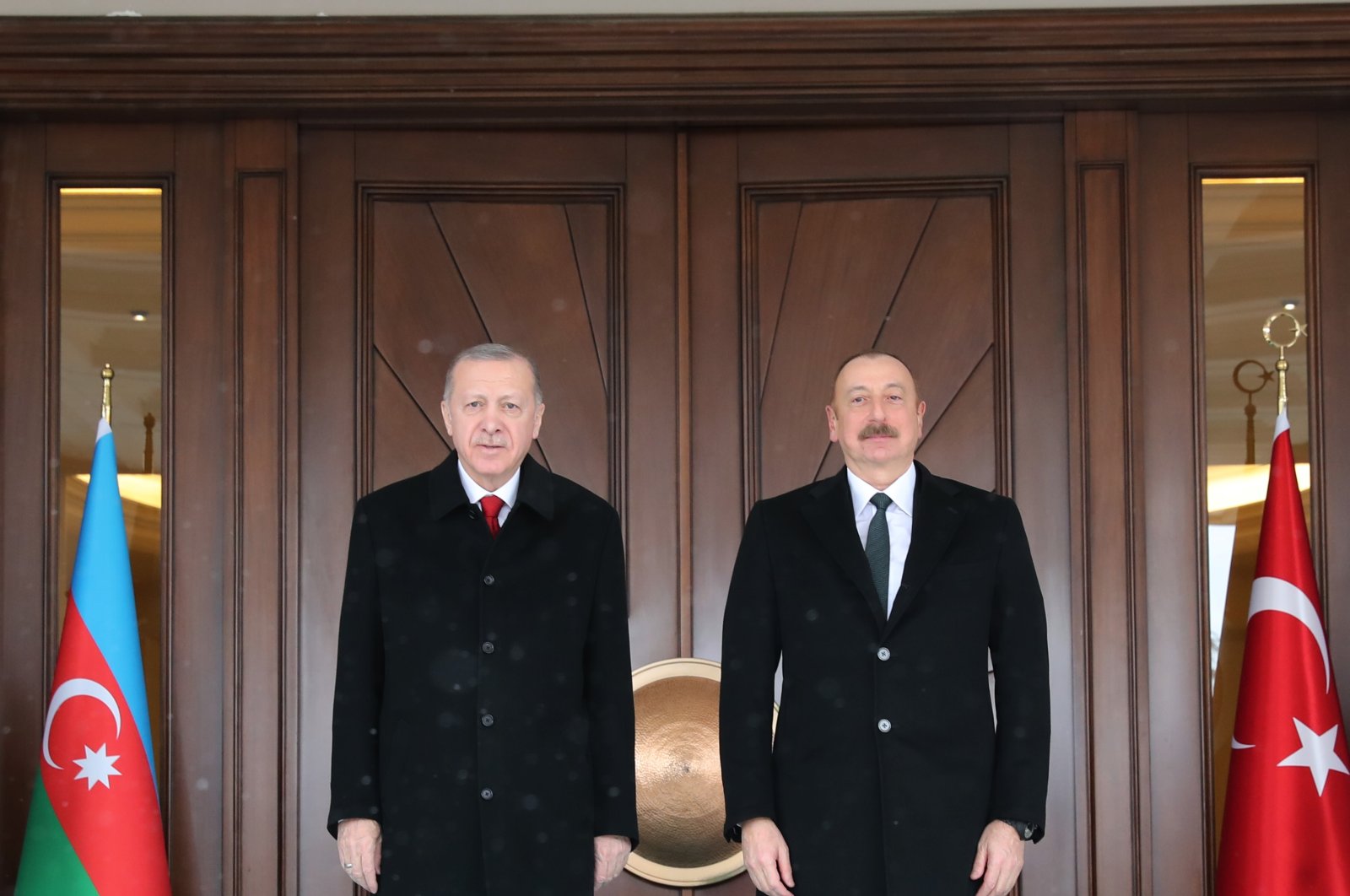 President Recep Tayyip Erdoğan (L) and Azerbaijani President Ilham Aliyev at Çankaya Mansion before attending a meeting, Ankara, Turkey, March 10, 2022. (AA Photo)