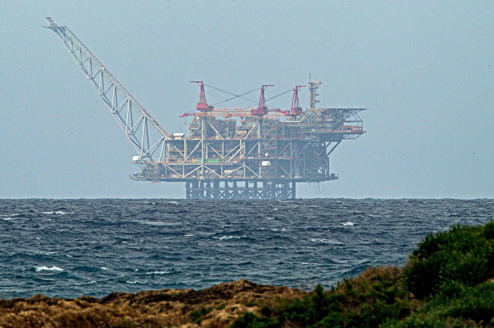 The platform of the Leviathan natural gas field in the Mediterranean Sea is pictured from the Israeli northern coastal city of Caesarea, Feb. 24, 2022. (AFP Photo)